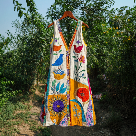Women's Vintage Bird And Flower Art Print Cotton And Linen Dress artswardrobe