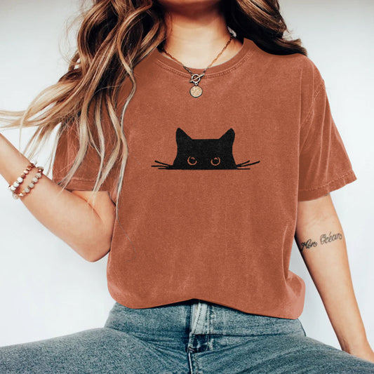 Abstract Creative Embroidered Black Cat Art Print  T-shirt elevenforest