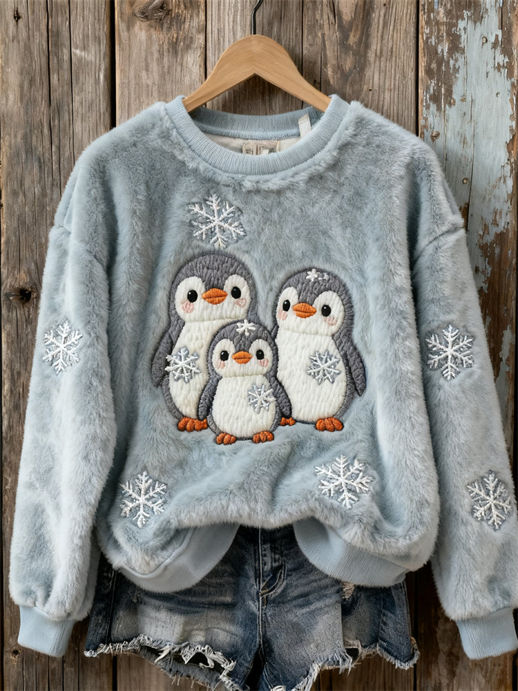 Lovely Penguins & Snowflakes Embroidered Cozy Plush Sweatshirt