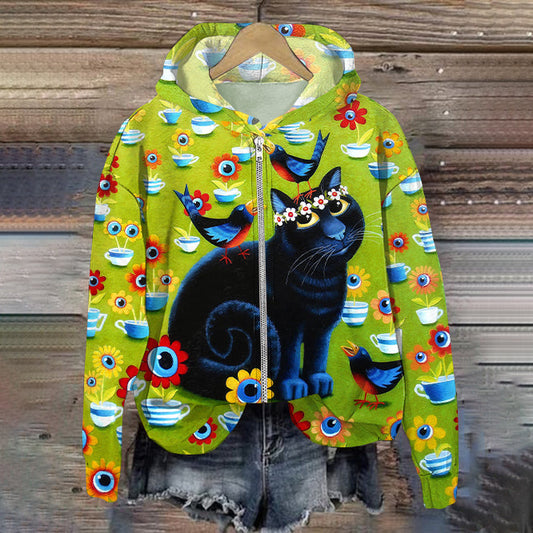 Women's Vintage Cat And Bird Print Zipper Sweatshirt elevenforest