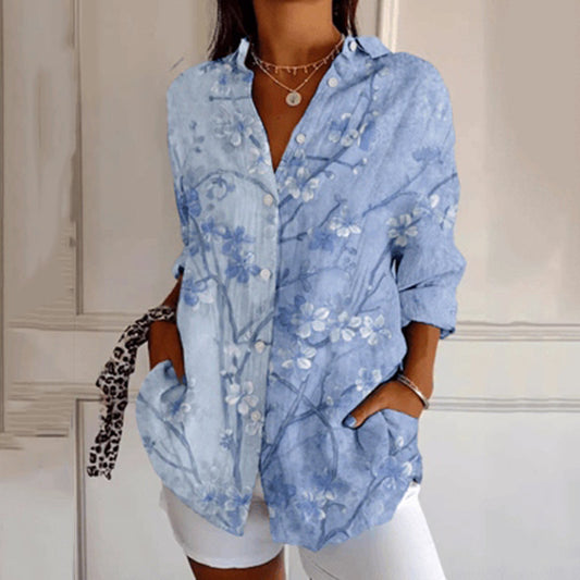 Comstylish Women's Vintage Floral Contrast Art Print Casual Linen Shirt