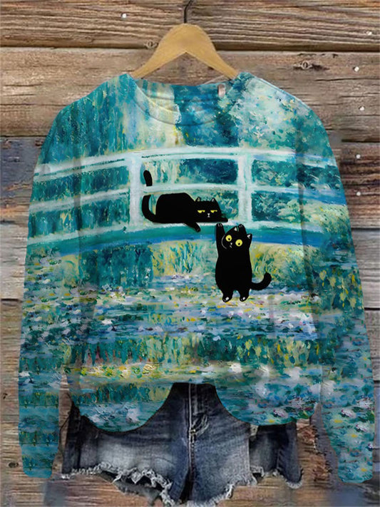 Women's Casual Japanese Art Funny Black Cat Print Sweatshirt elevenforest