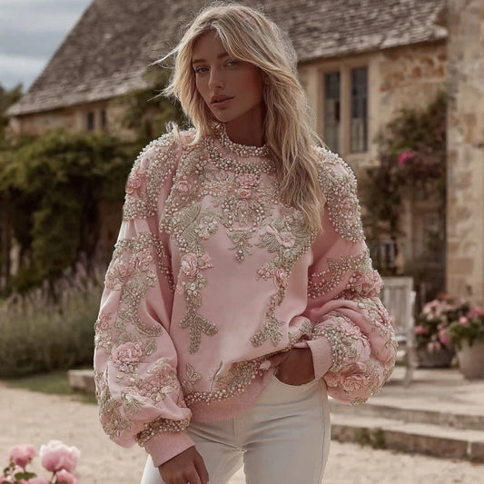 Comstylish Women's Pink Floral Embroidery Art Crew Neck Casual Sweatshirt