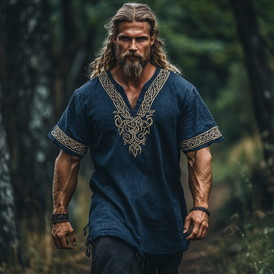 Men's Vintage Viking Celtic Knot Embroidered Art Cozy Linen Shirt artswardrobe