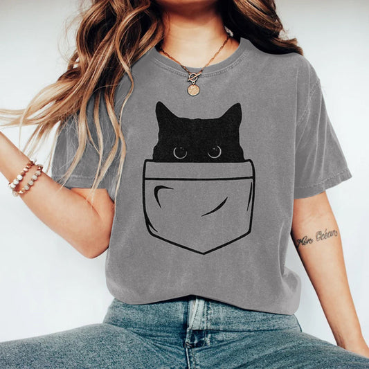 Comstylish Abstract Creative Pocket Black Cat Art Print T-shirt