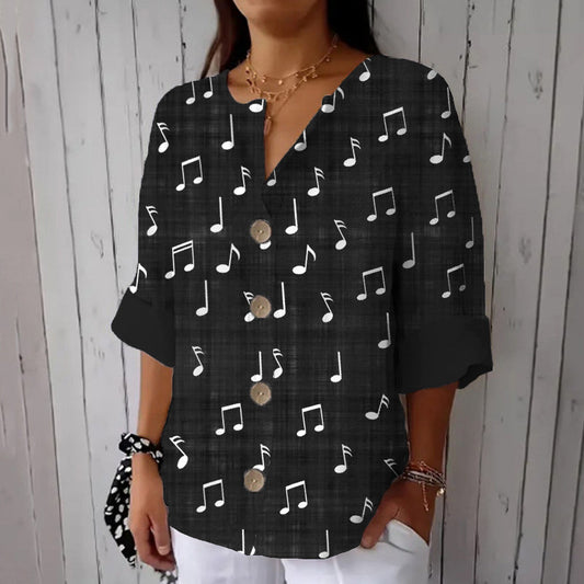 Comstylish Musical Notes Pattern Print Linen Casual Shirt