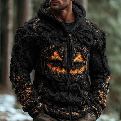 Halloween Pumpkin Emoji Men's Chunky Knit Full Zip Hooded Sweater artswardrobe
