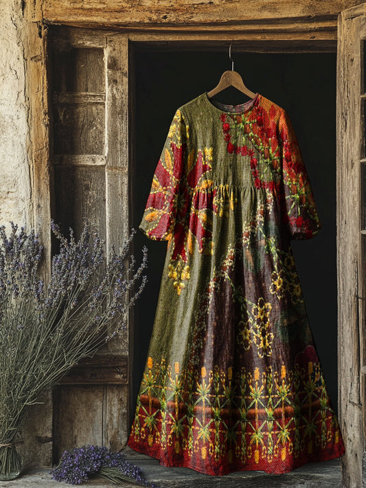 Women's Vintage Patchwork Flower Art Print Flowy Cotton Crew Neck Dres