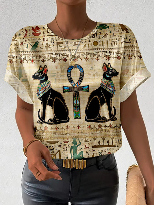 Comstylish Egyptian Cats And Ankh Cross Vintage Cozy T Shirt
