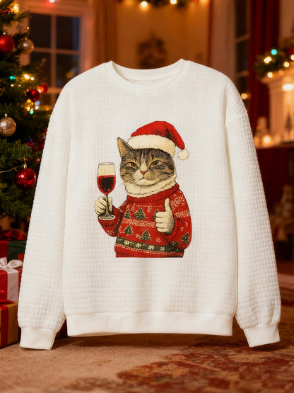 Comstylish Japanese Art Christmas Black Cat Print Waffle Sweatshirt