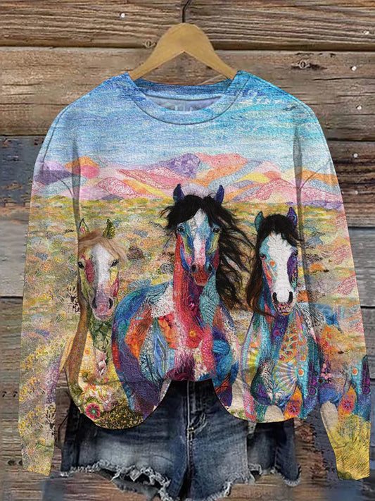 Comstylish Lace Colorful Horse Casual Round Neck Sweatshirt