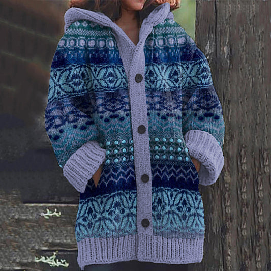 Iceland Snowflake Polka Dot Jacquard Button Down Hooded Sweater Cardigan elevenforest