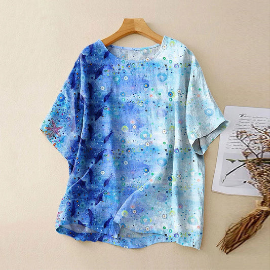 Comstylish Women's Vintage Ocean Art Print Casual Linen Crew Neck Shirt