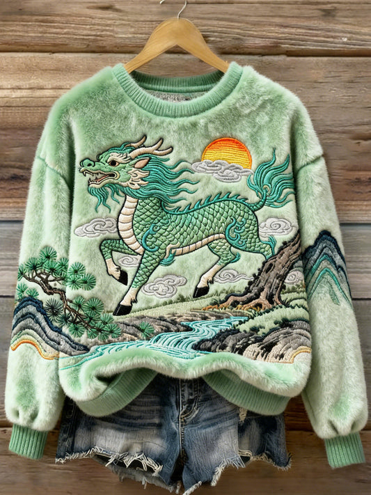Comstylish Japanese-style Kirin Embroidery Design Women's Flannel Sweater
