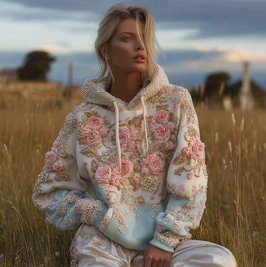 Comstylish Bohemian Style Plant And Flower Embroidery Pattern Women's Hooded Sweatshirt