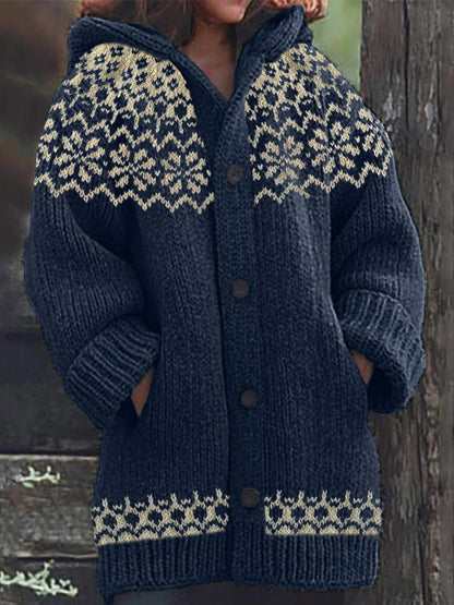 Vintage Jacquard Cozy Icelandic Knit Hooded Cardigan artswardrobe