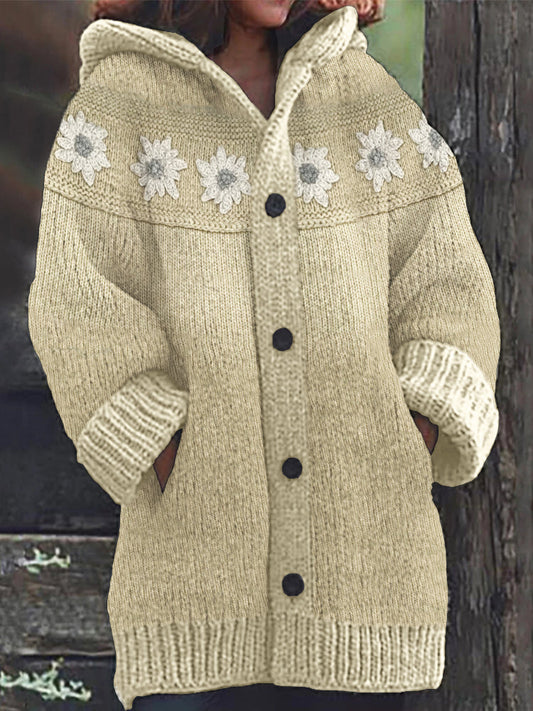 Vintage Flowers Crochet Yoke Cozy Knit Hooded Cardigan elevenforest