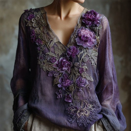 Comstylish Vintage Gauze Floral Embroidery Women's V-neck Linen Long Sleeve Shirt