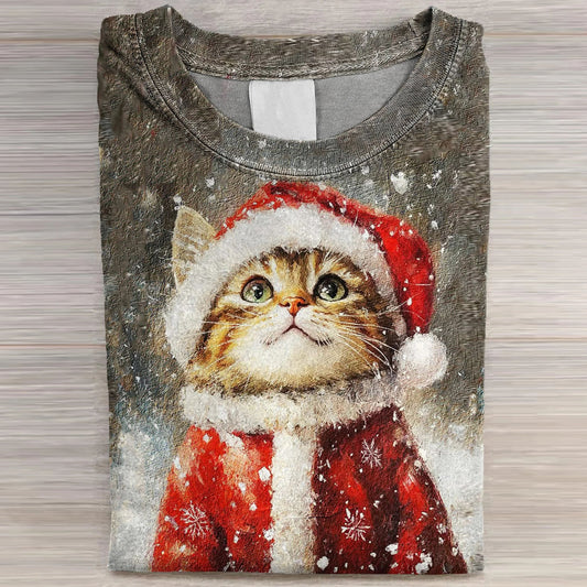 Comstylish Women's Funny Christmas Cat Art Print Casual Short Sleeve T-shirt