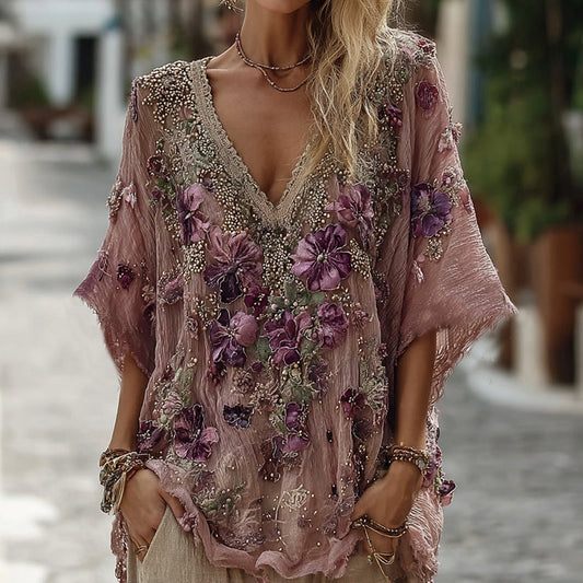 Women's Pansy Embroidered Sequined Short Sleeve T-shirt artswardrobe