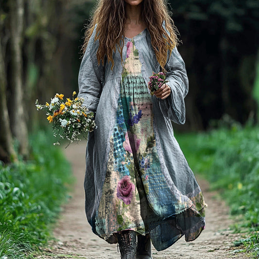 Women's Vintage Floral Print Linen Blend Loose Midi Dress artswardrobe