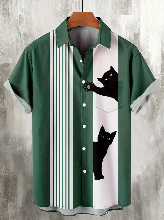 Greeting Cat Print Men's Linen Shirt elevenforest