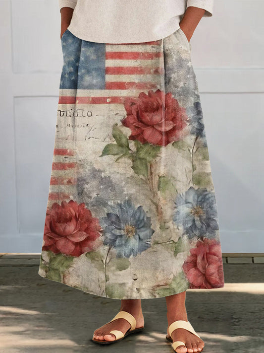 Women's Independence Day Floral Flag Art Print Cotton Pocket Skirt