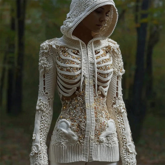 Halloween Skull Sequin Art Knit Zipper Hooded Sweater artswardrobe
