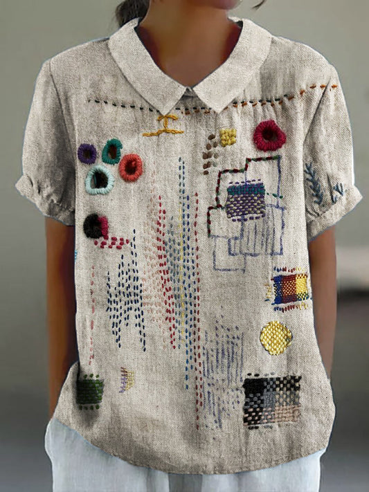 Comstylish Colorful Embroidered Japanese Sashiko Art Linen Blend Shirt