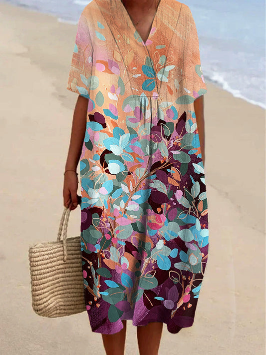Elegant Floral Foliage Plants Printed Women's Casual Cotton And Linen