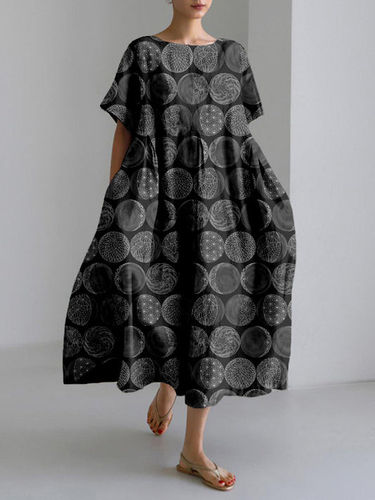 Comstylish Sashiko Moon Phases Japanese Art Linen Blend Maxi Dress
