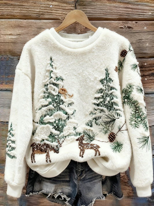 Comstylish Christmas Reindeers Snowy Landscape Cozy Plush Sweatshirt