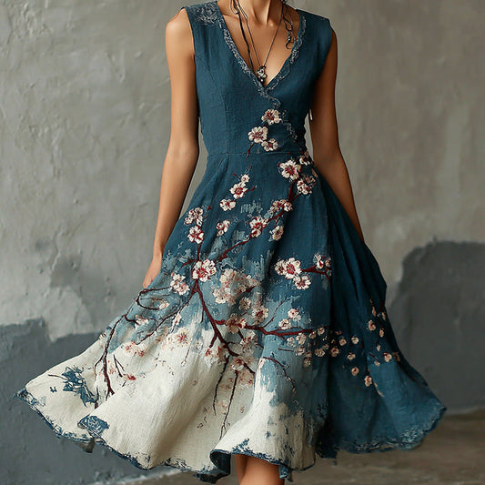 Comstylish Women's Japanese Sakura Embroidered Art Print V Neck Sleeveless Midi Dress