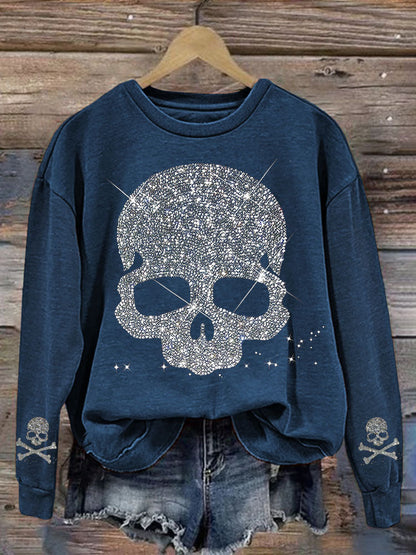 Comstylish Shiny Rhinestone Skull Pattern Sweatshirt