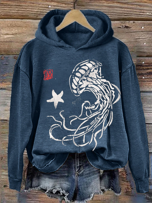 Comstylish Jellyfish & Starfish Japanese Lino Art Cozy Hoodie