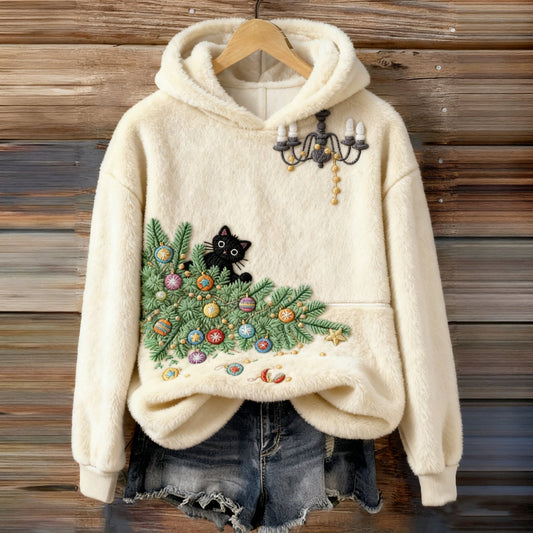 Comstylish Women's Naughty Black Cat Knocks Over Christmas Tree Comfort Flannel Hoodie