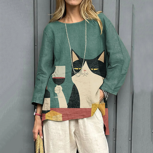 Women's Vintage  Color Block Cat Art Print Linen T-shirt artswardrobe
