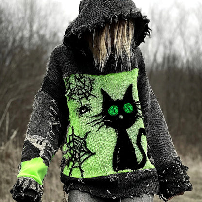 Halloween Scared Black Cat Patchwork Stitched Cozy Knit Hooded elevenforest