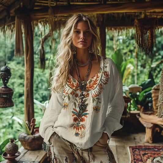 Comstylish Vintage Bohemian Floral Embroidery Linen Blend Shirt
