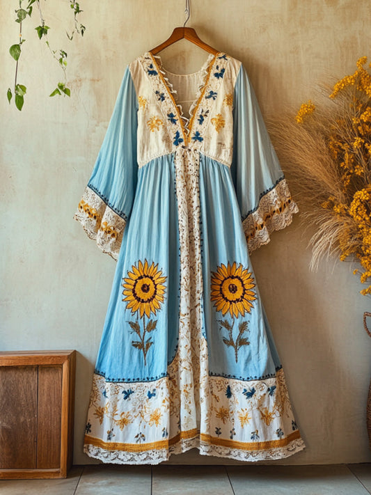 Boho Sunflowers Embroidered Gradient Lace Patchwork Linen Dress artswardrobe