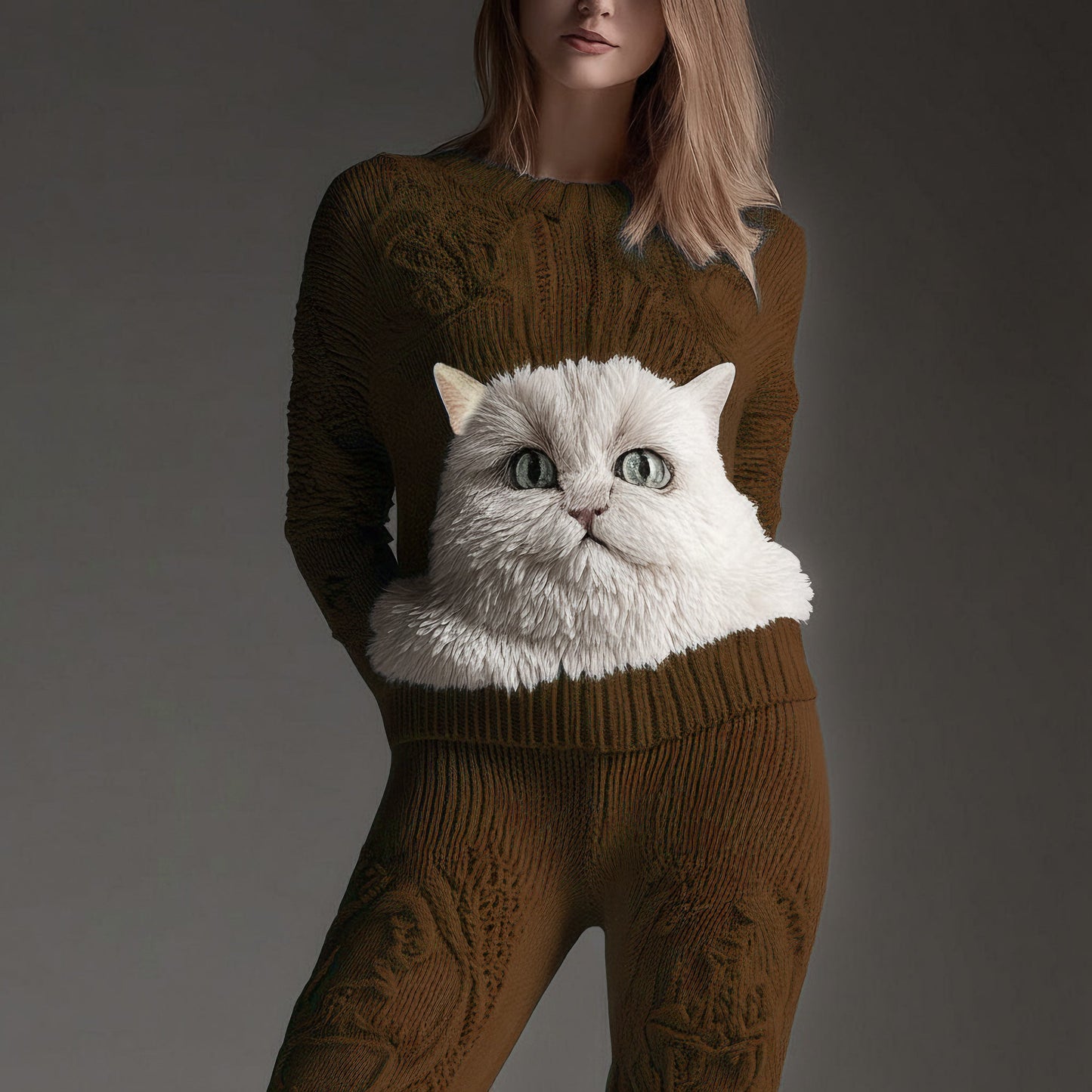 Comstylish Cute Fuzzy Cat Face Embroidered Cozy Knit Sweater