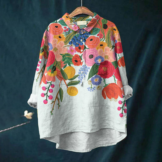 Comstylish Vintage Flowers Art Print Casual Cotton And Linen Shirt