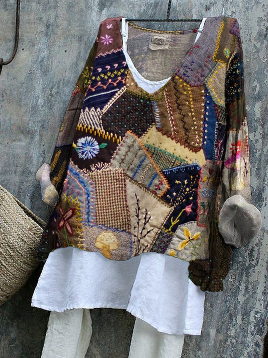 Geometric Stitching Pattern Vintage Women's Linen Shirt artswardrobe