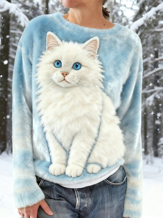 Comstylish Cute Snowy Cat Embroidered Cozy Plush Sweatshirt