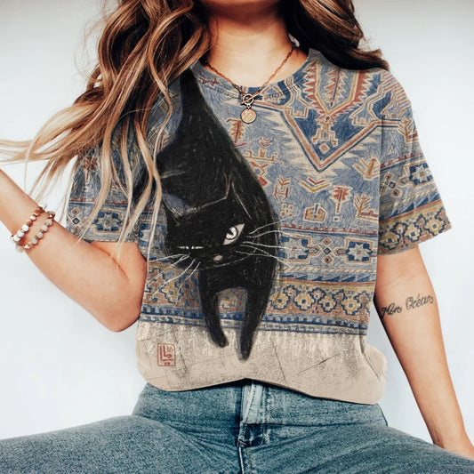 Comstylish Women's Black Cat Ethnic Print Vintage Washed T-shirt