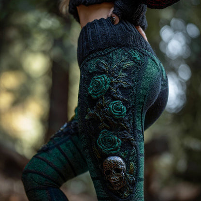 Women's Vintage Sugar Skull And Rose Pattern Comfortable Leggings elevenforest
