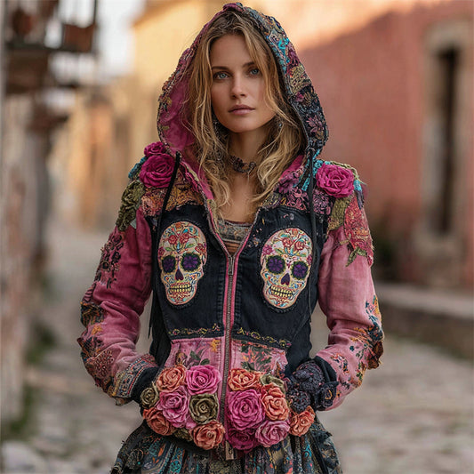 Comstylish Day Of The Dead Sugar Skulls Roses Floral Colorblock Full Zip Hoodie