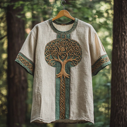 Men's Viking Tribal Tree Of Life With Celtic Art Linen T-shirt artswardrobe