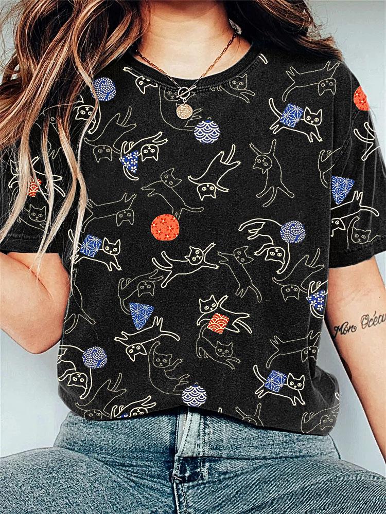 Funny Cat Japanese art print vintage T-shirt elevenforest