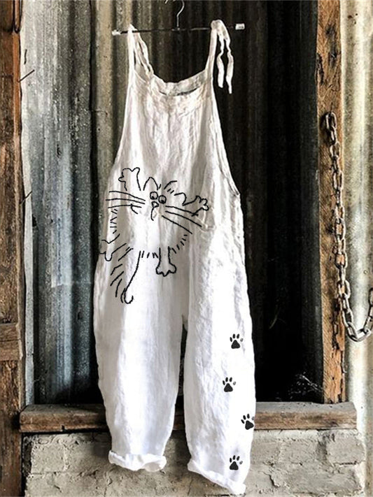 Comstylish Lazy Cat & Paw Prints Embroidered Linen Blend Jumpsuit